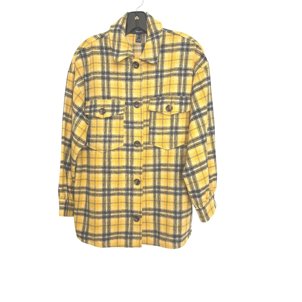 Forever 21 Womens Yellow Black Plaid Shacket Oversized Button Down Shirt Small
